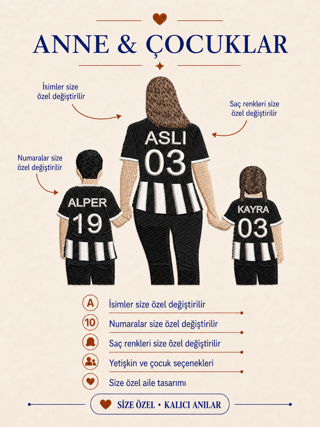 Siyah Beyaz Formalı Anne İki Çocuk Kişiye Özel Nakış Tasarımı