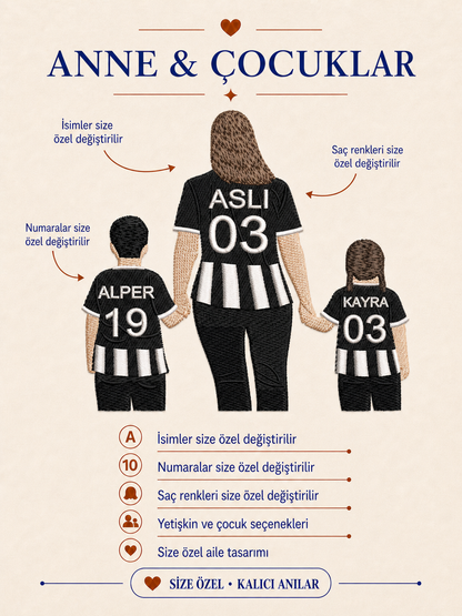 Siyah Beyaz Formalı Anne İki Çocuk Kişiye Özel Nakış Tasarımı