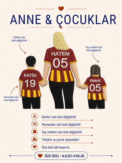 Sarı Kırmızı Formalı Anne İki Çocuk Kişiye Özel Nakış Tasarımı