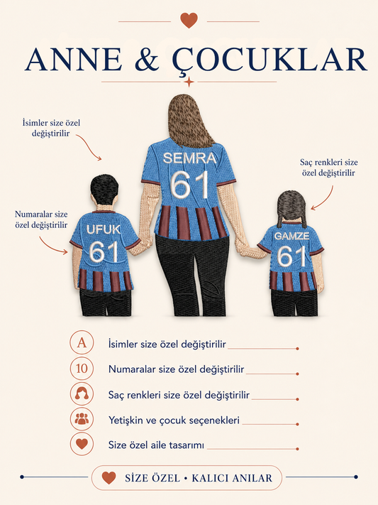 Bordo Mavi Formalı Anne İki Çocuk Kişiye Özel Nakış Tasarımı