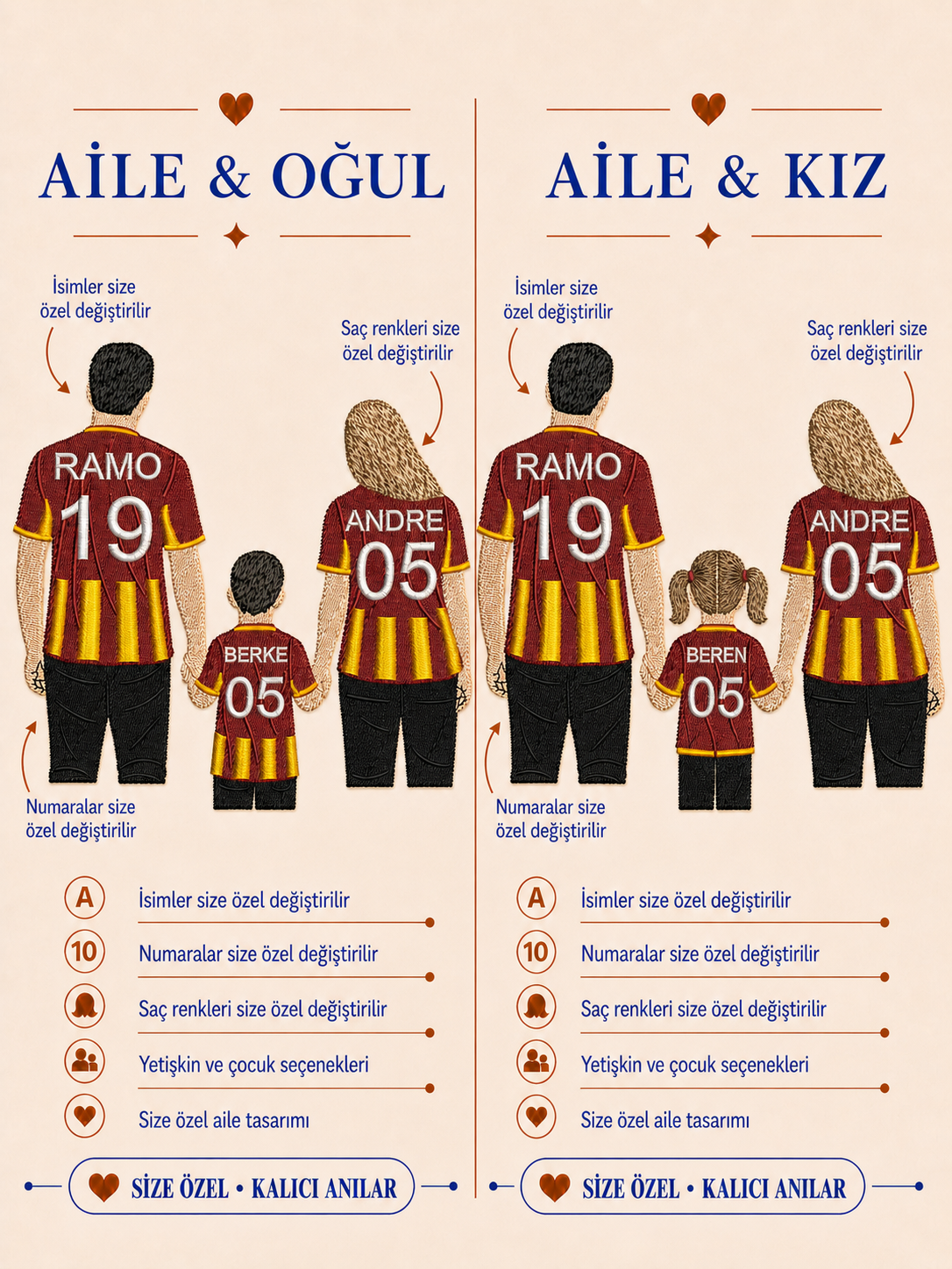 Sarı Kırmızı Formalı Anne Baba Çocuk Kişiye Özel Nakış Tasarımı