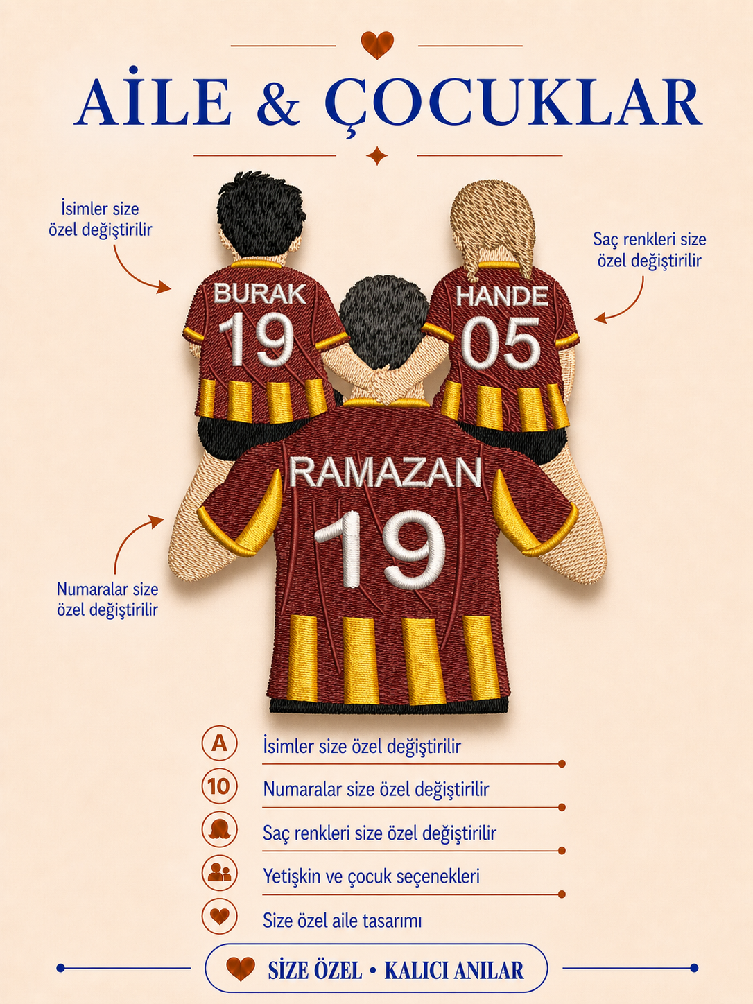 Sarı Kırmızı Formalı Baba İki Çocuk Kişiye Özel Nakış Tasarımı