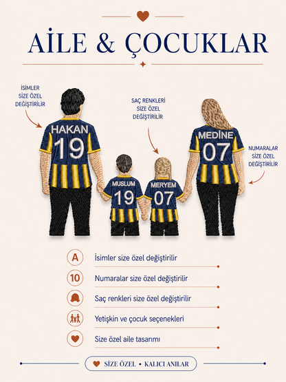 Sarı Lacivert Formalı Anne Baba İki Çocuk Kişiye Özel Nakış Tasarımı
