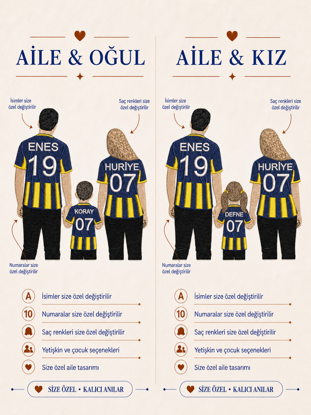 Sarı Lacivert Formalı Anne Baba Tek Çocuk Kişiye Özel Nakış Tasarımı