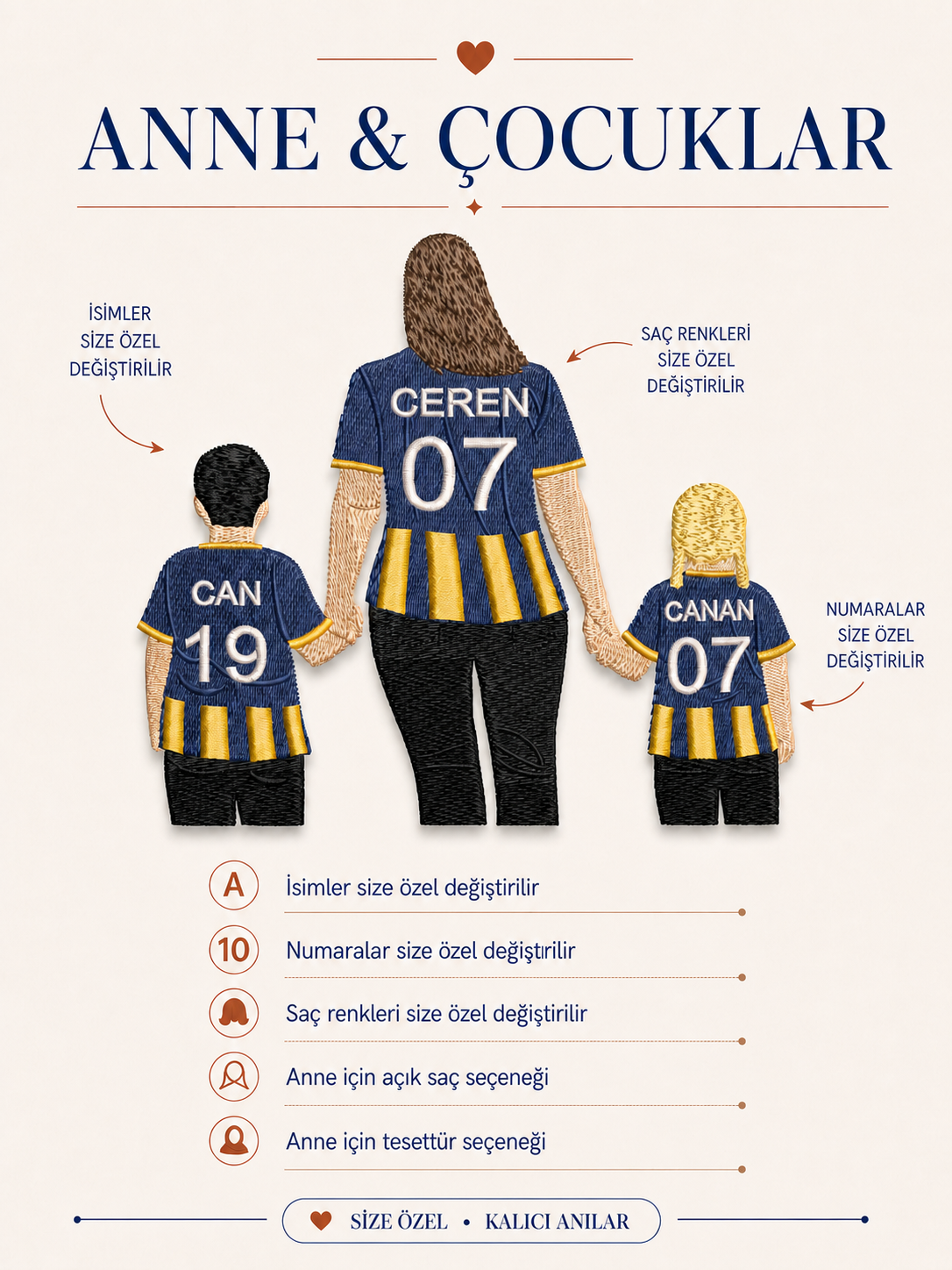 Sarı Lacivert Formalı Anne İki Çocuk Kişiye Özel Nakış Tasarımı