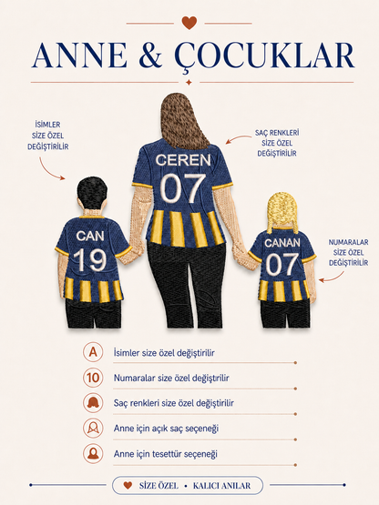 Sarı Lacivert Formalı Anne İki Çocuk Kişiye Özel Nakış Tasarımı