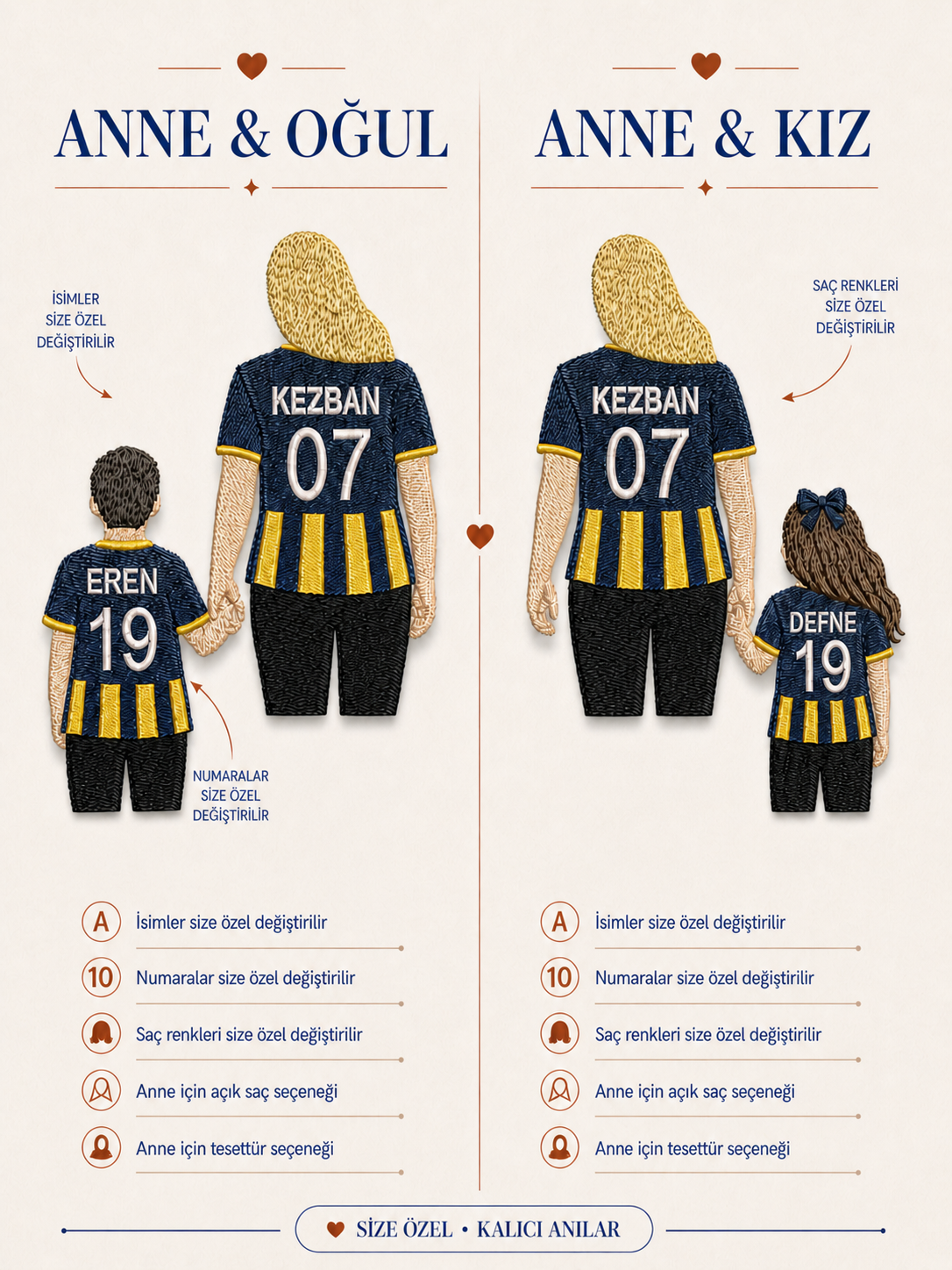 Sarı Lacivert Formalı Anne Çocuk Kişiye Özel Nakış Tasarımı
