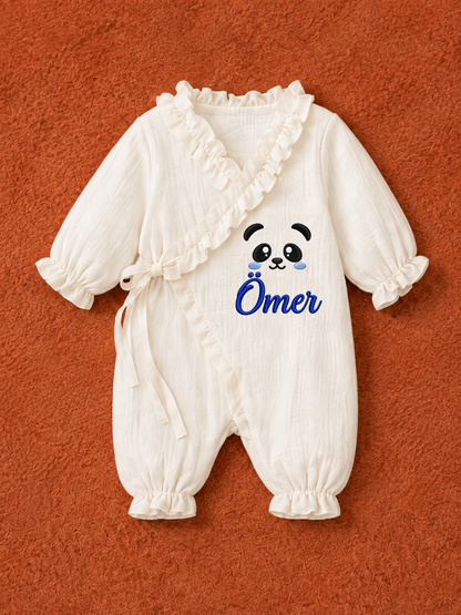Panda Desenli İsime Özel Müslin Hastane Çıkış Seti (6 Parça) | Yenidoğan Bebek