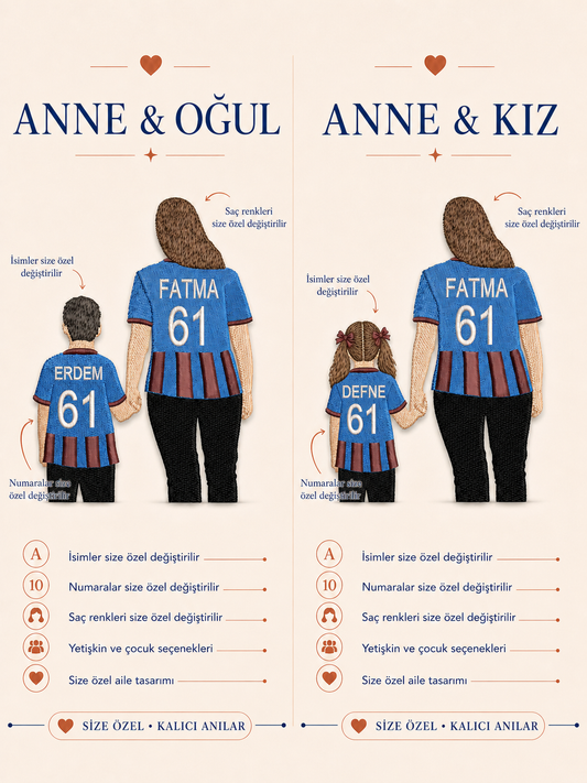 Bordo Mavi Formalı Anne Çocuk Kişiye Özel Nakış Tasarımı